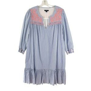 J CREW Preppy Blue Striped Ruffle Dress‎ Pink Embroidered Smocked Yolk Sz Medium